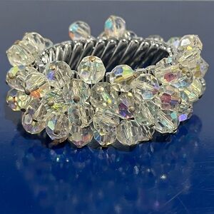 Crystal Bracelet Aurora Borealis Faceted Bead Silver Stretch Vintage 80s Jewelry